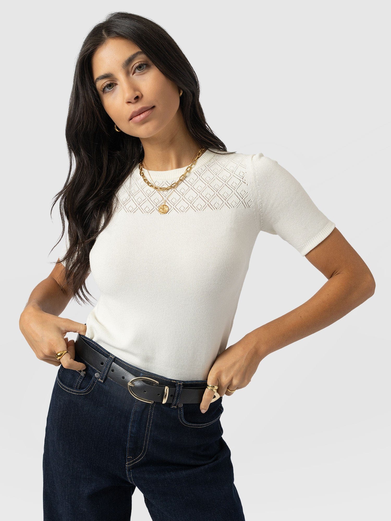 Diamond Knit Tee - Cream - Women's Jumpers | Saint + Sofia® EU